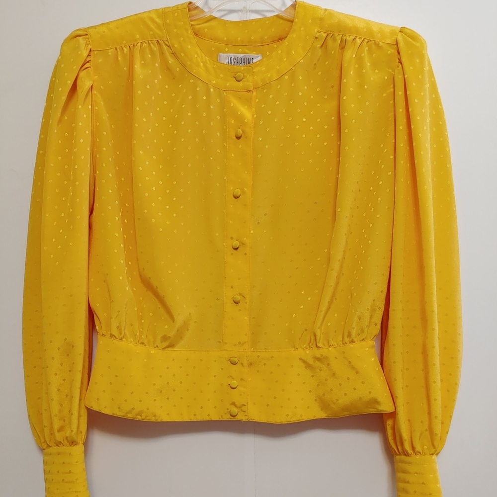 Vintage Josephine Women's Yellow Satin Gathered Long Sleeve Polka Dot Blouse 14